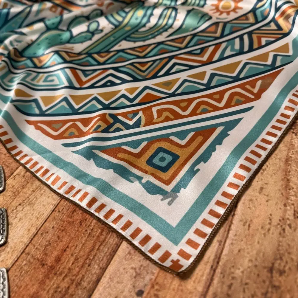 Aztec Cacti Print Silky Wild Rag | 36x36 | Jade & Rust